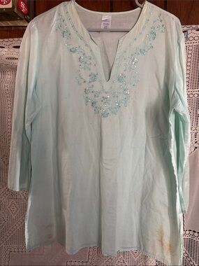 Sequin-Embellished Light Mint Long-Sleeve Tunic Top